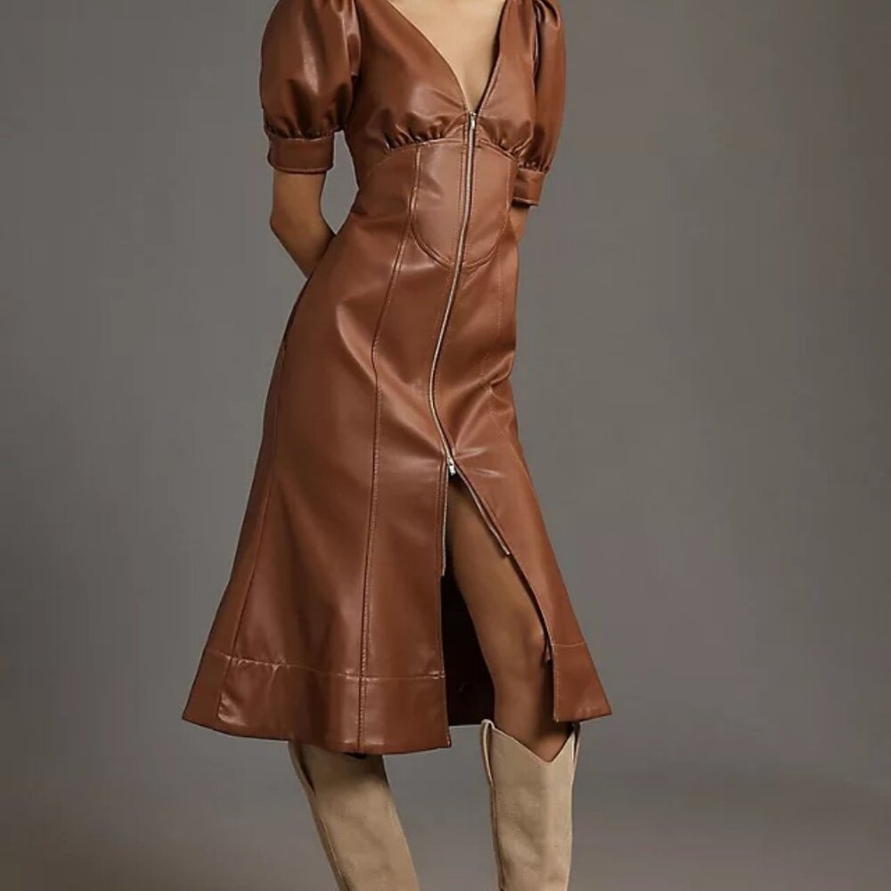 Anthropologie Chocolate Brown Faux Leather Midi Dress NWT SIZE 14
